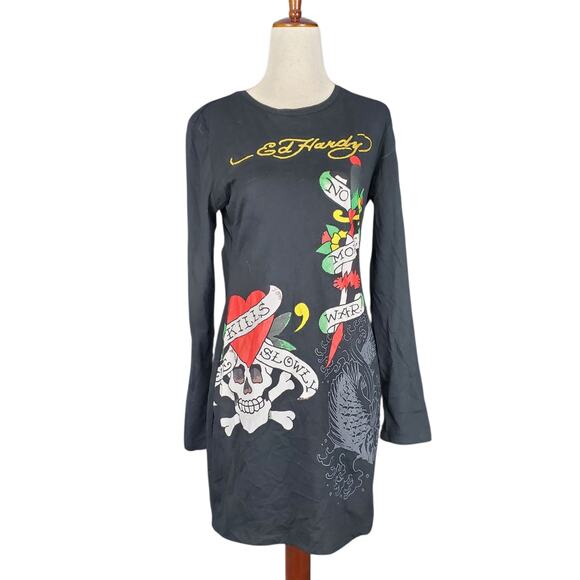 Ed Hardy Black Graphic Midi Dress - Women's Size Large - Picture 1 of 6